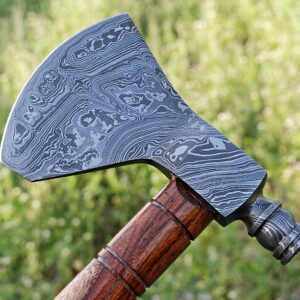 King Viking Ragnar Axe – Tomahawk & Camping Axe | Damascus Steel Blade | Leather Cover | Valentine’s Day & Birthday Gift
