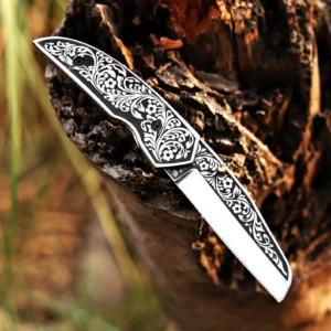 Handcrafted Foldable Knife: Laser-Engraved Floral Pattern, Leather Sheath