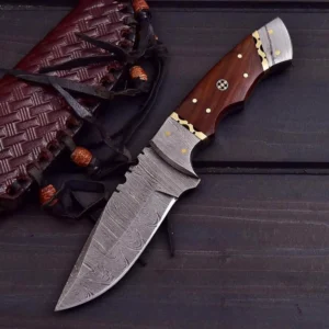 Handmade Damascus Steel Skinner Knife with Leather Sheath, 10 Inch